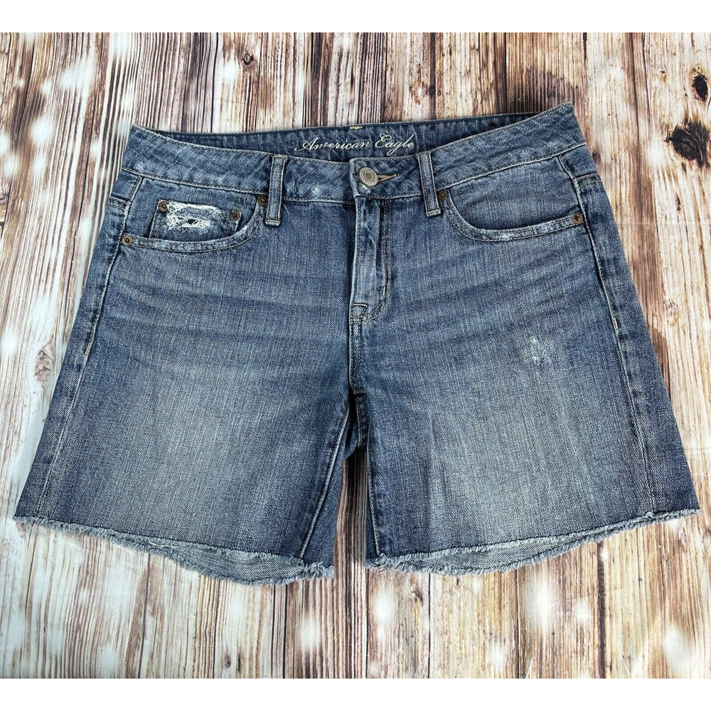 American Eagle Size 4 Mid Rise Blue Jean Distressed Denim Cut Off Shorts 31x6